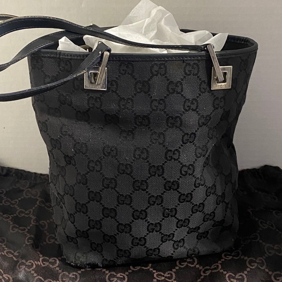 AUTHENTIC Gucci Black Monogram Canvas Tote Bucket Bag - Picture 1 of 11